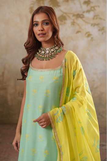 Pooja Popli Green Silk, Muslin, Organza Square Maya Printed Strappy Short Kurta Sharara Set Online at Aza Fashions Pooja Popli_Green Silk, Muslin, Organza Square Maya Printed Strappy Short Kurta Sharara Set _Online_at_Aza_Fashions