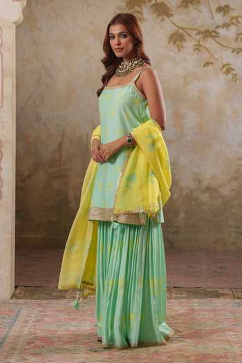 Buy Pooja Popli Green Silk, Muslin, Organza Square Maya Printed Strappy Short Kurta Sharara Set Online at Aza Fashions Buy_Pooja Popli_Green Silk, Muslin, Organza Square Maya Printed Strappy Short Kurta Sharara Set _Online_at_Aza_Fashions