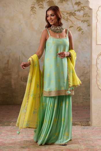 Shop Pooja Popli Green Silk, Muslin, Organza Square Maya Printed Strappy Short Kurta Sharara Set Online at Aza Fashions Shop_Pooja Popli_Green Silk, Muslin, Organza Square Maya Printed Strappy Short Kurta Sharara Set _Online_at_Aza_Fashions