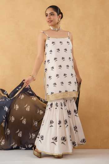 Pooja Popli Maya Printed Strappy Short Kurta Sharara Set 