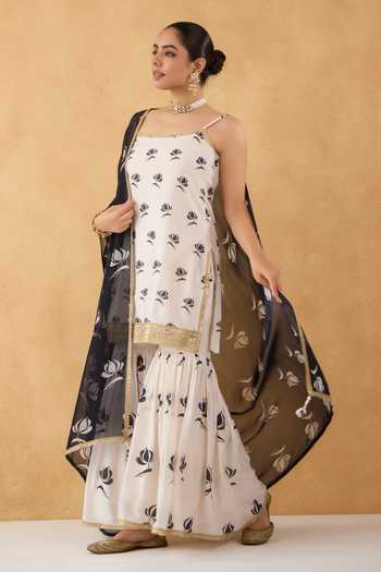 Buy_Pooja Popli_White Silk, Muslin, Organza Square Maya Printed Strappy Short Kurta Sharara Set _Online_at_Aza_Fashions
