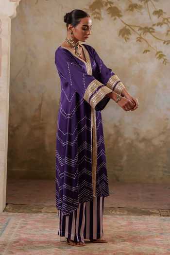 Pooja Popli Purple Satin, Modal V-neck Maya Kurta With Striped Palazzo Online at Aza Fashions Pooja Popli_Purple Satin, Modal V-neck Maya Kurta With Striped Palazzo _Online_at_Aza_Fashions