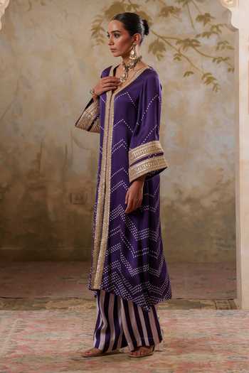 Buy Pooja Popli Purple Satin, Modal V-neck Maya Kurta With Striped Palazzo Online at Aza Fashions Buy_Pooja Popli_Purple Satin, Modal V-neck Maya Kurta With Striped Palazzo _Online_at_Aza_Fashions