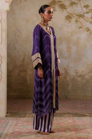 Shop Pooja Popli Purple Satin, Modal V-neck Maya Kurta With Striped Palazzo Online at Aza Fashions Shop_Pooja Popli_Purple Satin, Modal V-neck Maya Kurta With Striped Palazzo _Online_at_Aza_Fashions