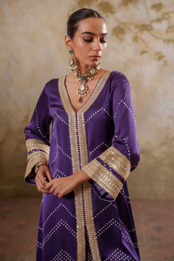 Pooja Popli Purple Satin, Modal V-neck Maya Kurta With Striped Palazzo at Aza Fashions Pooja Popli_Purple Satin, Modal V-neck Maya Kurta With Striped Palazzo _at_Aza_Fashions