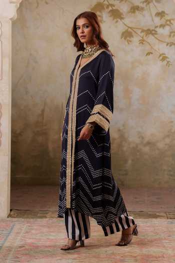 Pooja Popli Black Satin, Modal V-neck Maya Kurta With Striped Palazzo Online at Aza Fashions Pooja Popli_Black Satin, Modal V-neck Maya Kurta With Striped Palazzo _Online_at_Aza_Fashions