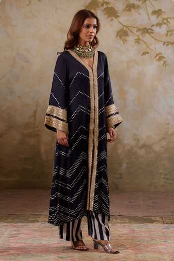 Buy Pooja Popli Black Satin, Modal V-neck Maya Kurta With Striped Palazzo Online at Aza Fashions Buy_Pooja Popli_Black Satin, Modal V-neck Maya Kurta With Striped Palazzo _Online_at_Aza_Fashions