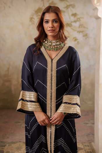 Shop Pooja Popli Black Satin, Modal V-neck Maya Kurta With Striped Palazzo Online at Aza Fashions Shop_Pooja Popli_Black Satin, Modal V-neck Maya Kurta With Striped Palazzo _Online_at_Aza_Fashions