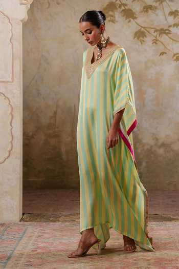 Pooja Popli Yellow Satin, Modal V-neck Maya Lime Striped Kaftan Online at Aza Fashions Pooja Popli_Yellow Satin, Modal V-neck Maya Lime Striped Kaftan _Online_at_Aza_Fashions