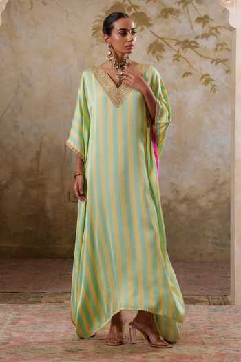 Buy Pooja Popli Yellow Satin, Modal V-neck Maya Lime Striped Kaftan Online at Aza Fashions Buy_Pooja Popli_Yellow Satin, Modal V-neck Maya Lime Striped Kaftan _Online_at_Aza_Fashions