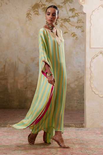 Shop Pooja Popli Yellow Satin, Modal V-neck Maya Lime Striped Kaftan Online at Aza Fashions Shop_Pooja Popli_Yellow Satin, Modal V-neck Maya Lime Striped Kaftan _Online_at_Aza_Fashions