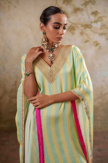 Pooja Popli Yellow Satin, Modal V-neck Maya Lime Striped Kaftan at Aza Fashions Pooja Popli_Yellow Satin, Modal V-neck Maya Lime Striped Kaftan _at_Aza_Fashions