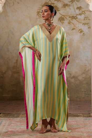 Pooja Popli Maya Lime Yellow Striped Kaftan 