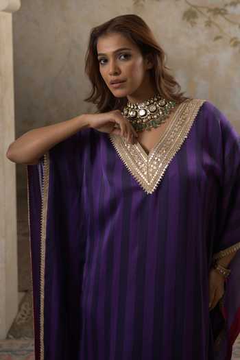 Pooja Popli Purple Satin, Modal V-neck Maya Striped Kaftan Online at Aza Fashions Pooja Popli_Purple Satin, Modal V-neck Maya Striped Kaftan _Online_at_Aza_Fashions