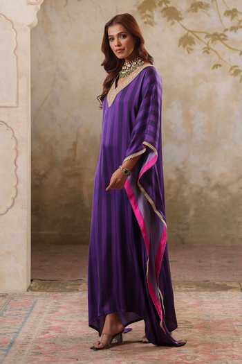 Buy Pooja Popli Purple Satin, Modal V-neck Maya Striped Kaftan Online at Aza Fashions Buy_Pooja Popli_Purple Satin, Modal V-neck Maya Striped Kaftan _Online_at_Aza_Fashions