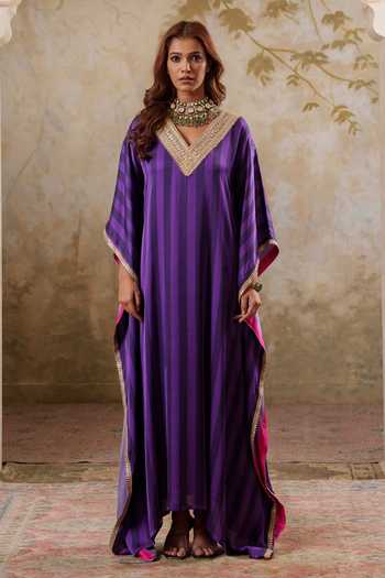 Shop Pooja Popli Purple Satin, Modal V-neck Maya Striped Kaftan Online at Aza Fashions Shop_Pooja Popli_Purple Satin, Modal V-neck Maya Striped Kaftan _Online_at_Aza_Fashions