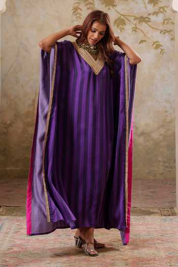 Pooja Popli Purple Satin, Modal V-neck Maya Striped Kaftan at Aza Fashions Pooja Popli_Purple Satin, Modal V-neck Maya Striped Kaftan _at_Aza_Fashions
