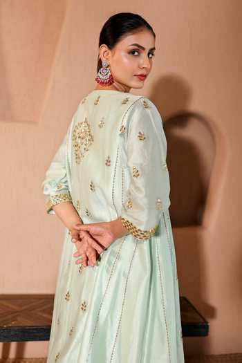 Buy Pooja Popli Green Chanderi Silk, Muslin, Silk, Organza Nazakat Mirror Work Kurta Salwar Set Online at Aza Fashions Buy_Pooja Popli_Green Chanderi Silk, Muslin, Silk, Organza Nazakat Mirror Work Kurta Salwar Set _Online_at_Aza_Fashions