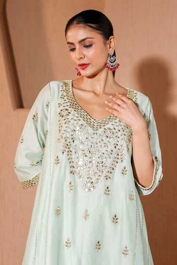 Pooja Popli Green Chanderi Silk, Muslin, Silk, Organza Nazakat Mirror Work Kurta Salwar Set at Aza Fashions Pooja Popli_Green Chanderi Silk, Muslin, Silk, Organza Nazakat Mirror Work Kurta Salwar Set _at_Aza_Fashions