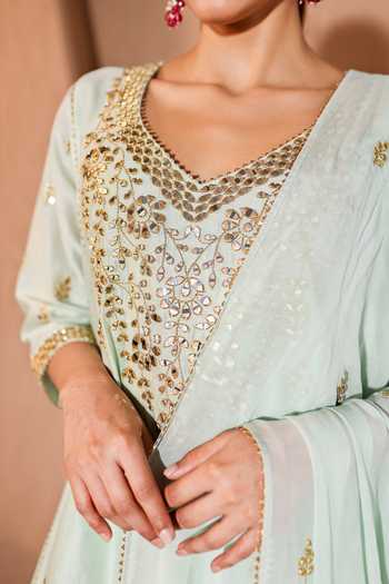 Buy Pooja Popli Green Chanderi Silk, Muslin, Silk, Organza Nazakat Mirror Work Kurta Salwar Set Buy_Pooja Popli_Green Chanderi Silk, Muslin, Silk, Organza Nazakat Mirror Work Kurta Salwar Set
