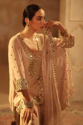 Pooja Popli_Beige Georgette, Net Square Neck, Yes Nazakat Mirror Work Kurta Gharara Set _Online_at_Aza_Fashions