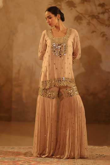 Buy_Pooja Popli_Beige Georgette, Net Square Neck, Yes Nazakat Mirror Work Kurta Gharara Set _Online_at_Aza_Fashions