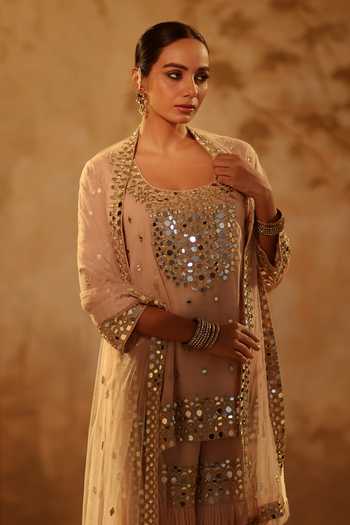 Shop_Pooja Popli_Beige Georgette, Net Square Neck, Yes Nazakat Mirror Work Kurta Gharara Set _Online_at_Aza_Fashions