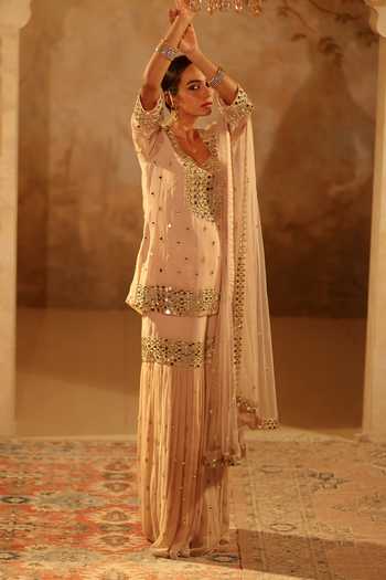 Pooja Popli_Beige Georgette, Net Square Neck, Yes Nazakat Mirror Work Kurta Gharara Set _at_Aza_Fashions