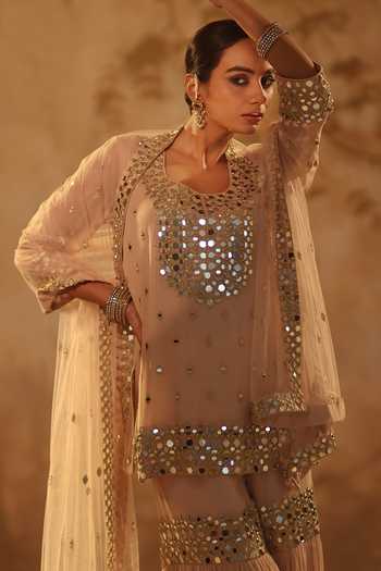 Buy_Pooja Popli_Beige Georgette, Net Square Neck, Yes Nazakat Mirror Work Kurta Gharara Set 