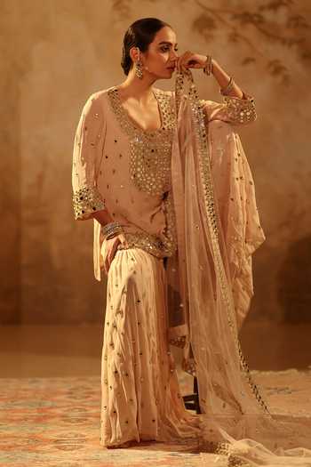 Shop_Pooja Popli_Beige Georgette, Net Square Neck, Yes Nazakat Mirror Work Kurta Gharara Set 