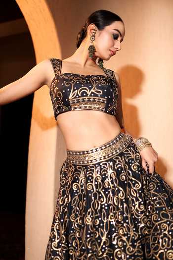 Pooja Popli_Black Silk, Net Square Neck Nazakat Sequin And Mirror Work Lehenga Set _Online_at_Aza_Fashions