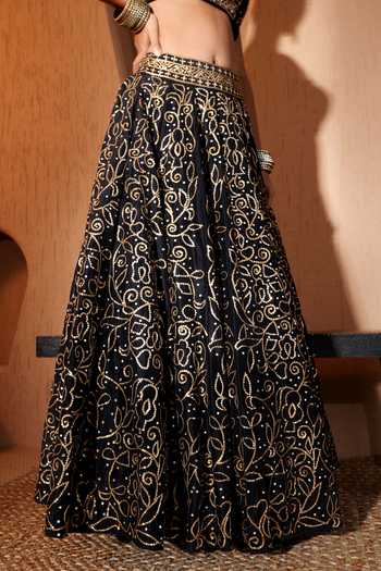 Shop_Pooja Popli_Black Silk, Net Square Neck Nazakat Sequin And Mirror Work Lehenga Set _Online_at_Aza_Fashions
