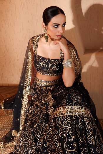 Shop_Pooja Popli_Black Silk, Net Square Neck Nazakat Sequin And Mirror Work Lehenga Set 