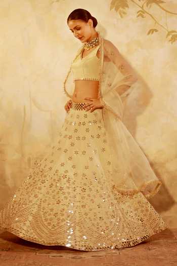Pooja Popli_Gold Silk, Organza V-neck Nazakat Mirror Embroidered Lehenga Set _Online_at_Aza_Fashions