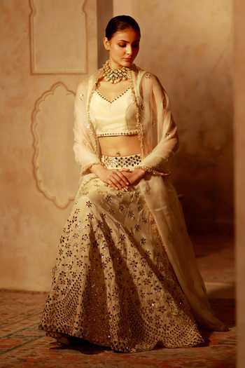 Shop_Pooja Popli_Gold Silk, Organza V-neck Nazakat Mirror Embroidered Lehenga Set _Online_at_Aza_Fashions