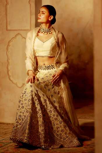 Pooja Popli_Gold Silk, Organza V-neck Nazakat Mirror Embroidered Lehenga Set _at_Aza_Fashions