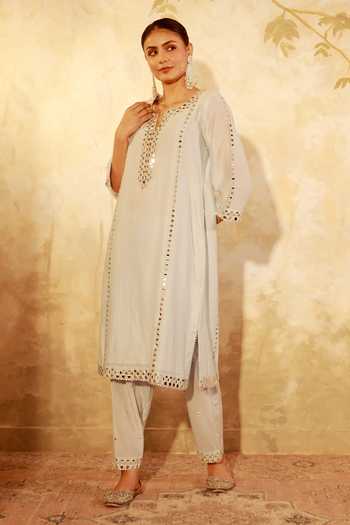 Pooja Popli_Blue Silk, Organza V-neck Nazakat Mirror Embroidered Kurta Salwar Set _Online_at_Aza_Fashions