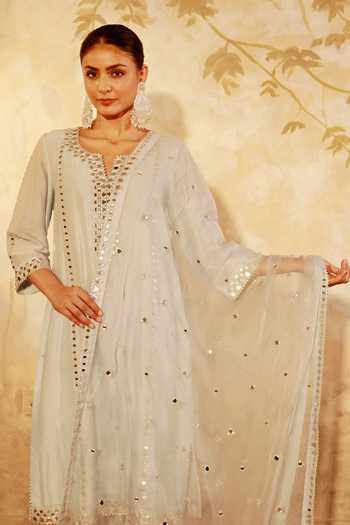 Shop_Pooja Popli_Blue Silk, Organza V-neck Nazakat Mirror Embroidered Kurta Salwar Set _Online_at_Aza_Fashions