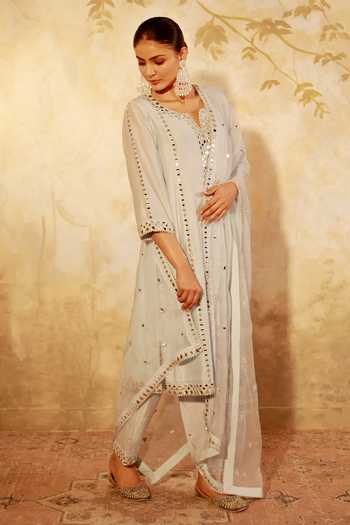 Pooja Popli_Blue Silk, Organza V-neck Nazakat Mirror Embroidered Kurta Salwar Set _at_Aza_Fashions