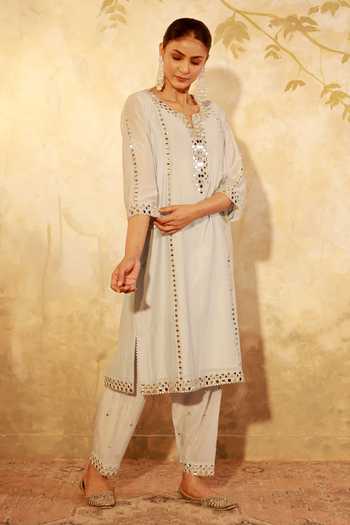 Buy_Pooja Popli_Blue Silk, Organza V-neck Nazakat Mirror Embroidered Kurta Salwar Set 