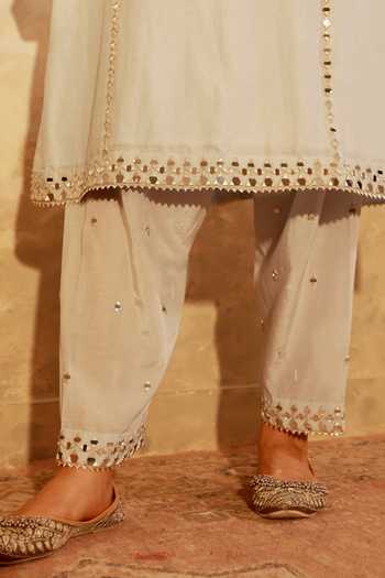 Shop_Pooja Popli_Blue Silk, Organza V-neck Nazakat Mirror Embroidered Kurta Salwar Set 