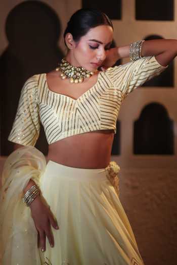 Pooja Popli_Yellow Silk, Organza Sweetheart Neck Nazakat Sequin Embroidered Lehenga Set _Online_at_Aza_Fashions
