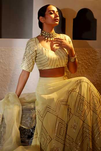 Buy_Pooja Popli_Yellow Silk, Organza Sweetheart Neck Nazakat Sequin Embroidered Lehenga Set _Online_at_Aza_Fashions