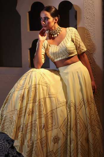 Shop_Pooja Popli_Yellow Silk, Organza Sweetheart Neck Nazakat Sequin Embroidered Lehenga Set _Online_at_Aza_Fashions
