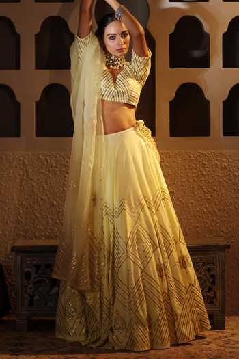 Pooja Popli_Yellow Silk, Organza Sweetheart Neck Nazakat Sequin Embroidered Lehenga Set _at_Aza_Fashions
