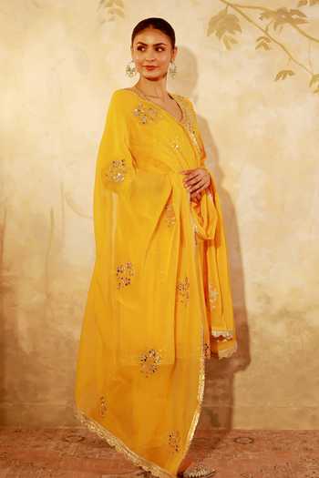 Pooja Popli_Yellow Chanderi Silk, Muslin, Silk, Nazakat Mango Mirror Work Kurta Salwar Set _Online_at_Aza_Fashions