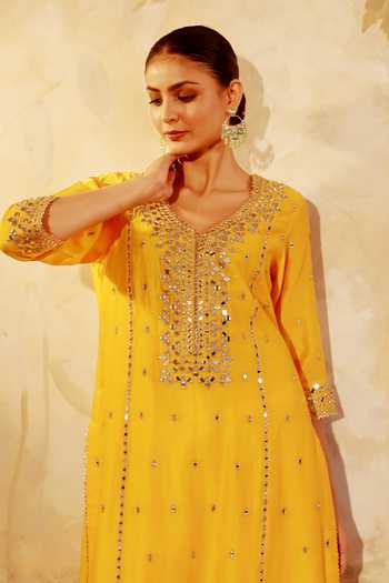 Shop_Pooja Popli_Yellow Chanderi Silk, Muslin, Silk, Nazakat Mango Mirror Work Kurta Salwar Set _Online_at_Aza_Fashions