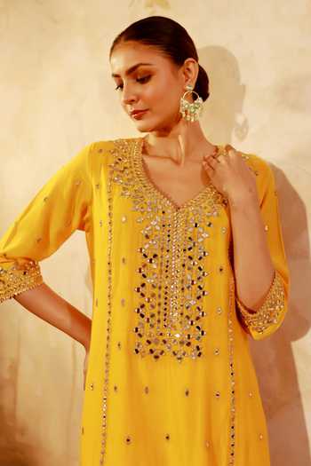 Pooja Popli_Yellow Chanderi Silk, Muslin, Silk, Nazakat Mango Mirror Work Kurta Salwar Set _at_Aza_Fashions