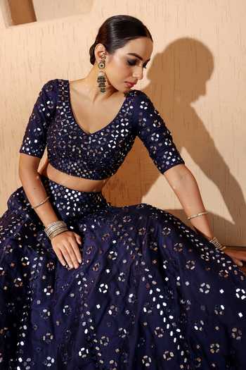 Pooja Popli_Blue Silk, Organza Scoop Neck Nazakat Mid Night Mirror Work Lehenga Set _Online_at_Aza_Fashions