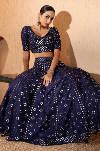 Buy_Pooja Popli_Blue Silk, Organza Scoop Neck Nazakat Mid Night Mirror Work Lehenga Set 